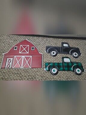 Rustic Red Barn And 2 Trucks Metal Tin Wall Decor